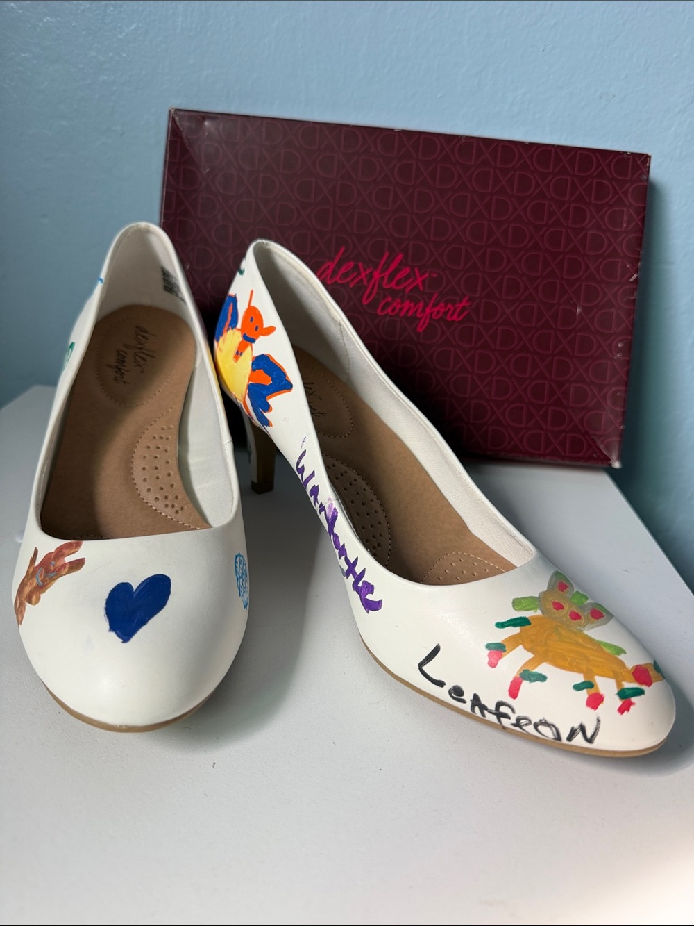 dexflex comfort White Hand-Painted Women's Heels with Colorful Accents